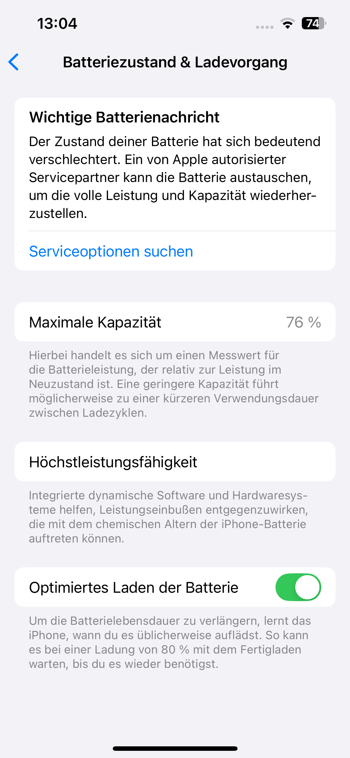 Apple iPhone maximale Kapazität 76%
