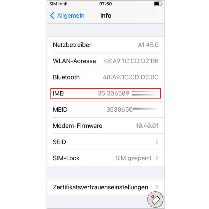Apple iPhone Screenshot Einstellungen Allgemein Info IMEI Nummer