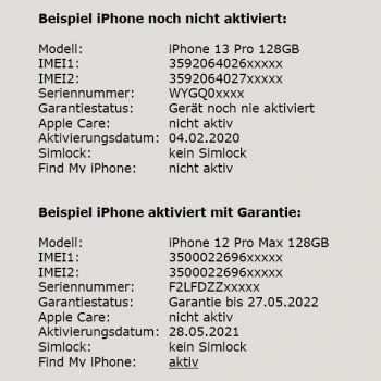 Apple Statusabfrage IMEI-Check Ergebnis Simlock iCloud "mein iPhone/iPad suchen" Alter online bestellen