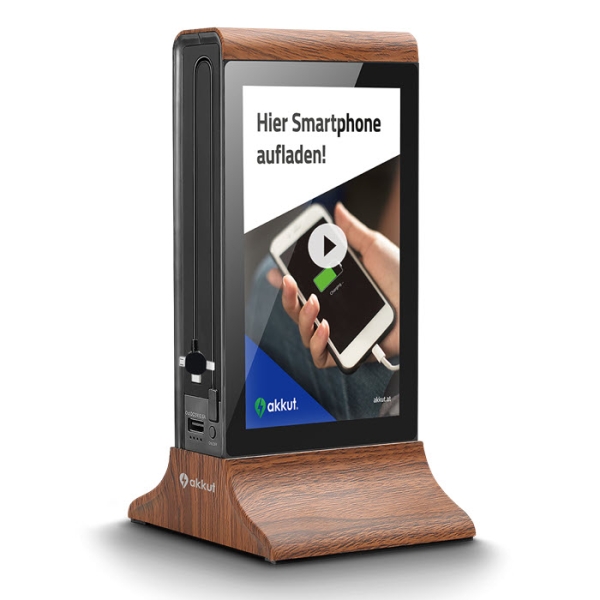 Doublescreen von AKKUT digitaler Tischaufsteller mit PowerBank und Ladekabel in Holz Doublescreen von AKKUT digitaler Tischaufsteller mit PowerBank und Ladekabel in Holz