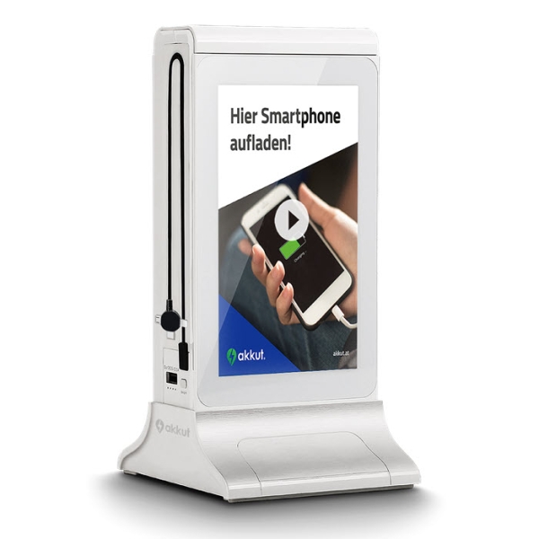 Doublescreen von AKKUT digitaler Tischaufsteller mit PowerBank und Ladekabel in weiß Doublescreen von AKKUT digitaler Tischaufsteller mit PowerBank und Ladekabel in weiß