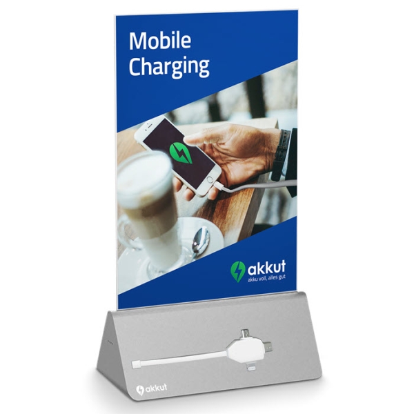Tischaufsteller MENU TRIO mit Powerbank und Ladekabel vorderseite Tischaufsteller MENU TRIO mit Powerbank und Ladekabel vorderseite