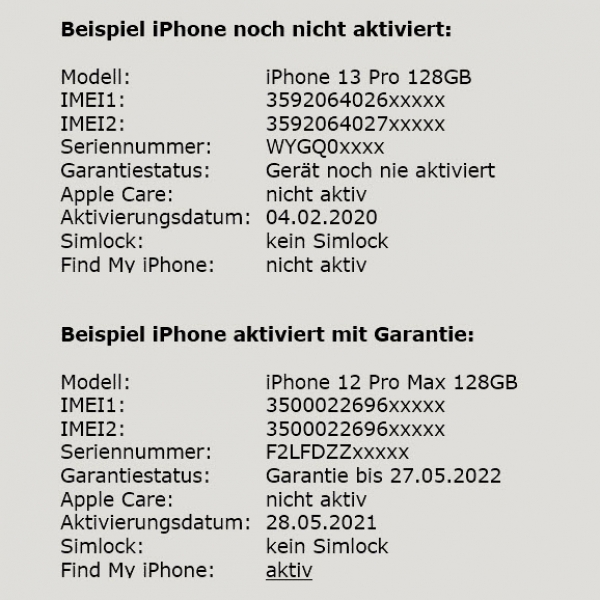 Apple Statusabfrage IMEI-Check Ergebnis Simlock iCloud "mein iPhone/iPad suchen" Alter online bestellen Apple Statusabfrage IMEI-Check Ergebnis Simlock iCloud "mein iPhone/iPad suchen" Alter online bestellen