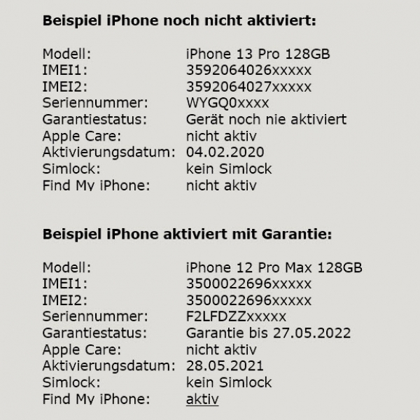 Apple Statusabfrage IMEI-Check Ergebnis Simlock iCloud "mein iPhone/iPad suchen" Alter online bestellen