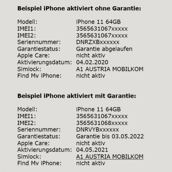 Apple Statusabfrage IMEI-Check Ergebnis Simlock iCloud "mein iPhone/iPad suchen" Alter online kaufen