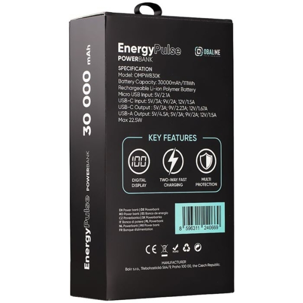 Schnelllade Powerbank OBAL:ME EnergyPulse QC PD Power Delivery 30000 mAh Verpackung hinten Online-Handyshop kaufen Schnelllade Powerbank OBAL:ME EnergyPulse QC PD Power Delivery 30000 mAh Verpackung hinten Online-Handyshop kaufen